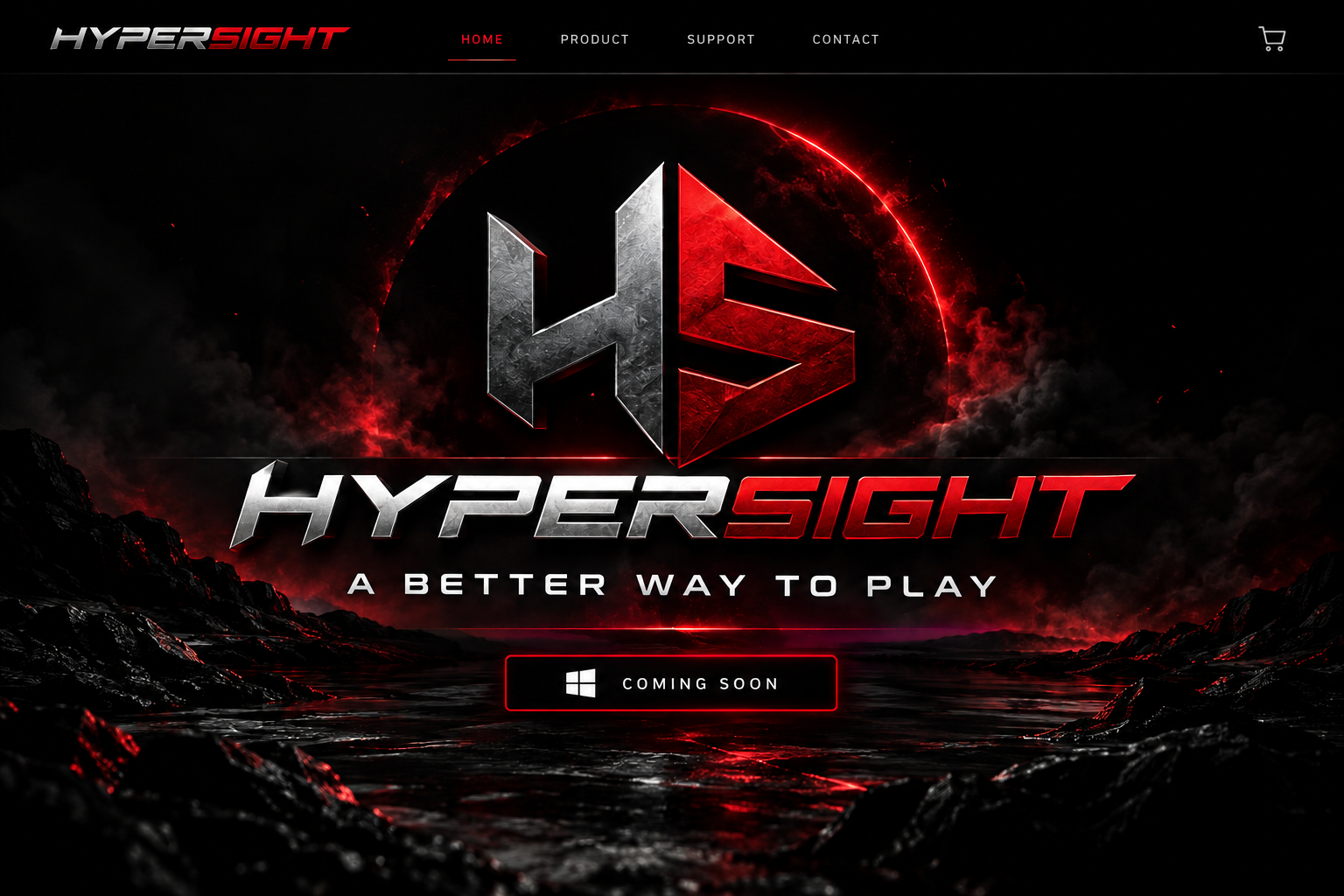 HyperSight gaming homepage in black, silver, and crimson red. The tagline reads A Better Way to Play, with one Windows PC Coming Soon option.